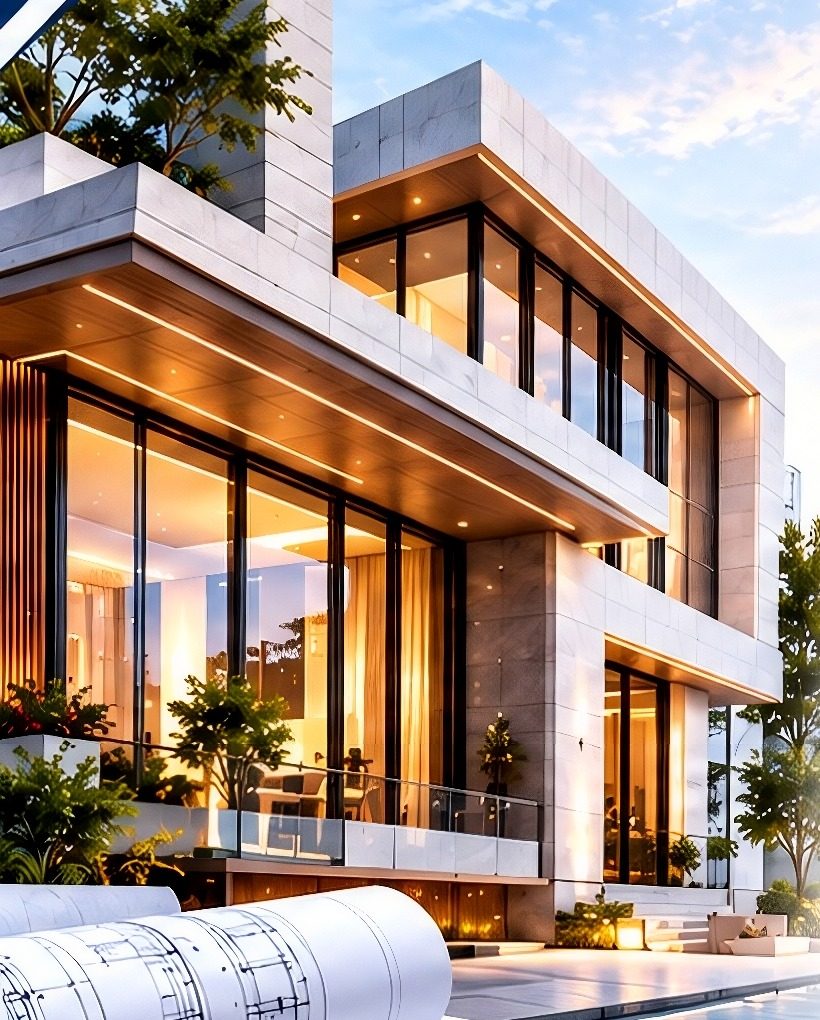 Modern villa with stone façades, warm timber soffits and full-height glazing